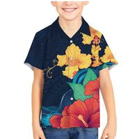 Polynesian Hibiscus Flower Waves Pattern Family Matching Mermaid Dress and Hawaiian Shirt