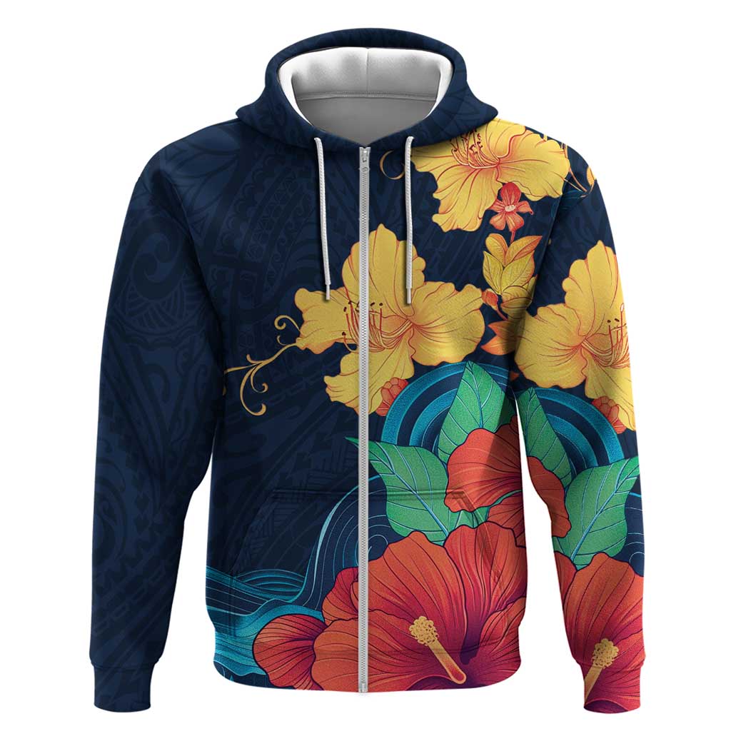Polynesian Hibiscus Flower Waves Pattern Hoodie