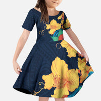 Polynesian Hibiscus Flower Waves Pattern Kid Short Sleeve Dress LT9 KID Dark Blue - Polynesian Pride