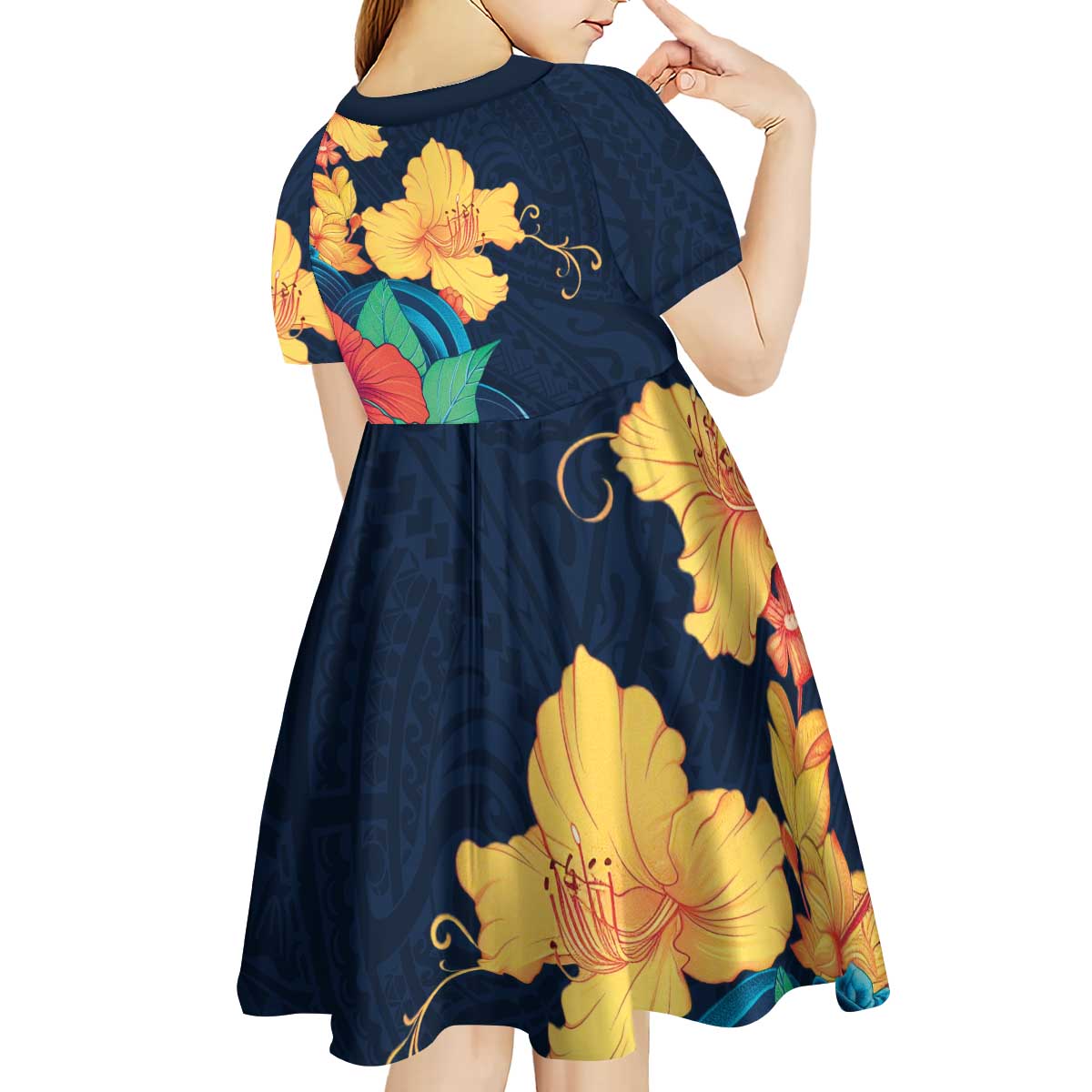 Polynesian Hibiscus Flower Waves Pattern Kid Short Sleeve Dress LT9 - Polynesian Pride
