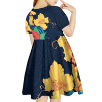 Polynesian Hibiscus Flower Waves Pattern Kid Short Sleeve Dress LT9 - Polynesian Pride