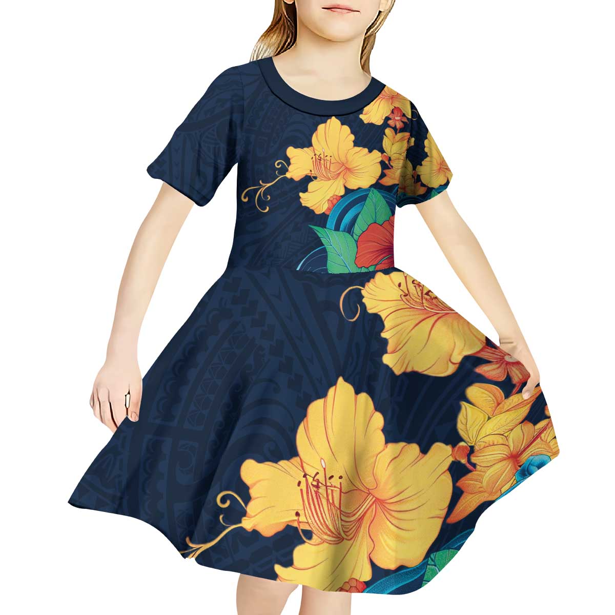 Polynesian Hibiscus Flower Waves Pattern Kid Short Sleeve Dress LT9 - Polynesian Pride
