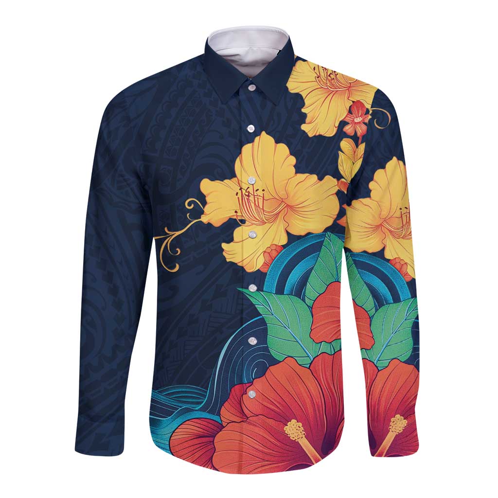 Polynesian Hibiscus Flower Waves Pattern Long Sleeve Button Shirt LT9 Unisex Dark Blue - Polynesian Pride