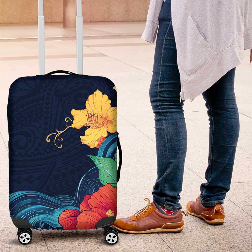 Polynesian Hibiscus Flower Waves Pattern Luggage Cover LT9 Dark Blue - Polynesian Pride