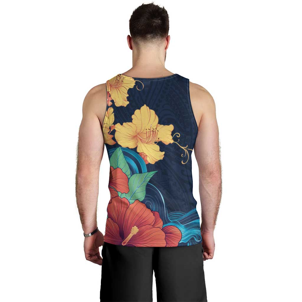 Polynesian Hibiscus Flower Waves Pattern Men Tank Top