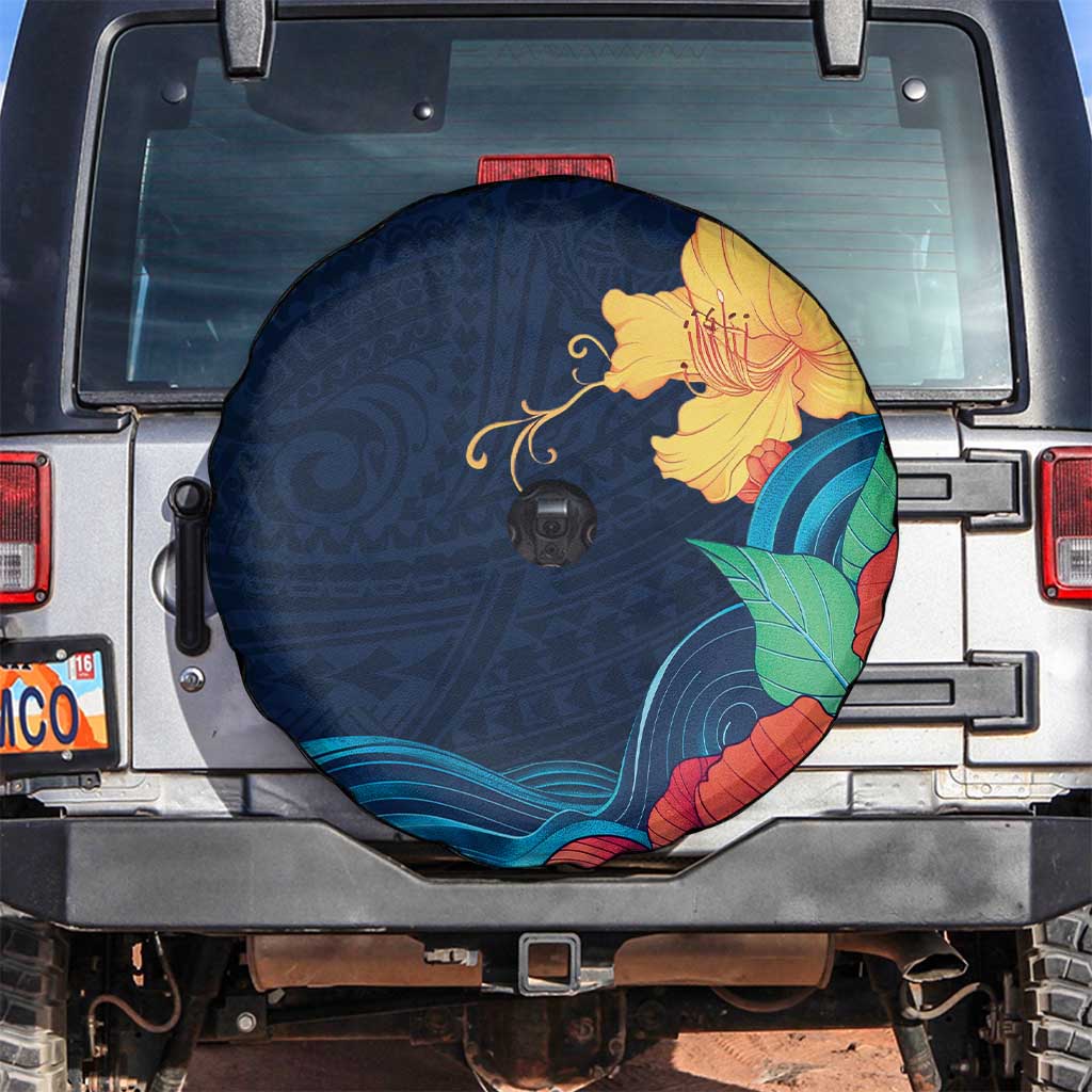 Polynesian Hibiscus Flower Waves Pattern Spare Tire Cover LT9 Dark Blue - Polynesian Pride