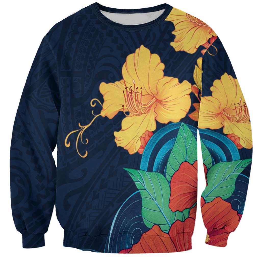 Polynesian Hibiscus Flower Waves Pattern Sweatshirt LT9 Unisex Dark Blue - Polynesian Pride
