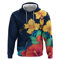 Polynesian Hibiscus Flower Waves Pattern Zip Hoodie