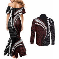 Polynesian Oxblood Line Art Tribal Tattoo Couples Matching Mermaid Dress and Long Sleeve Button Shirt