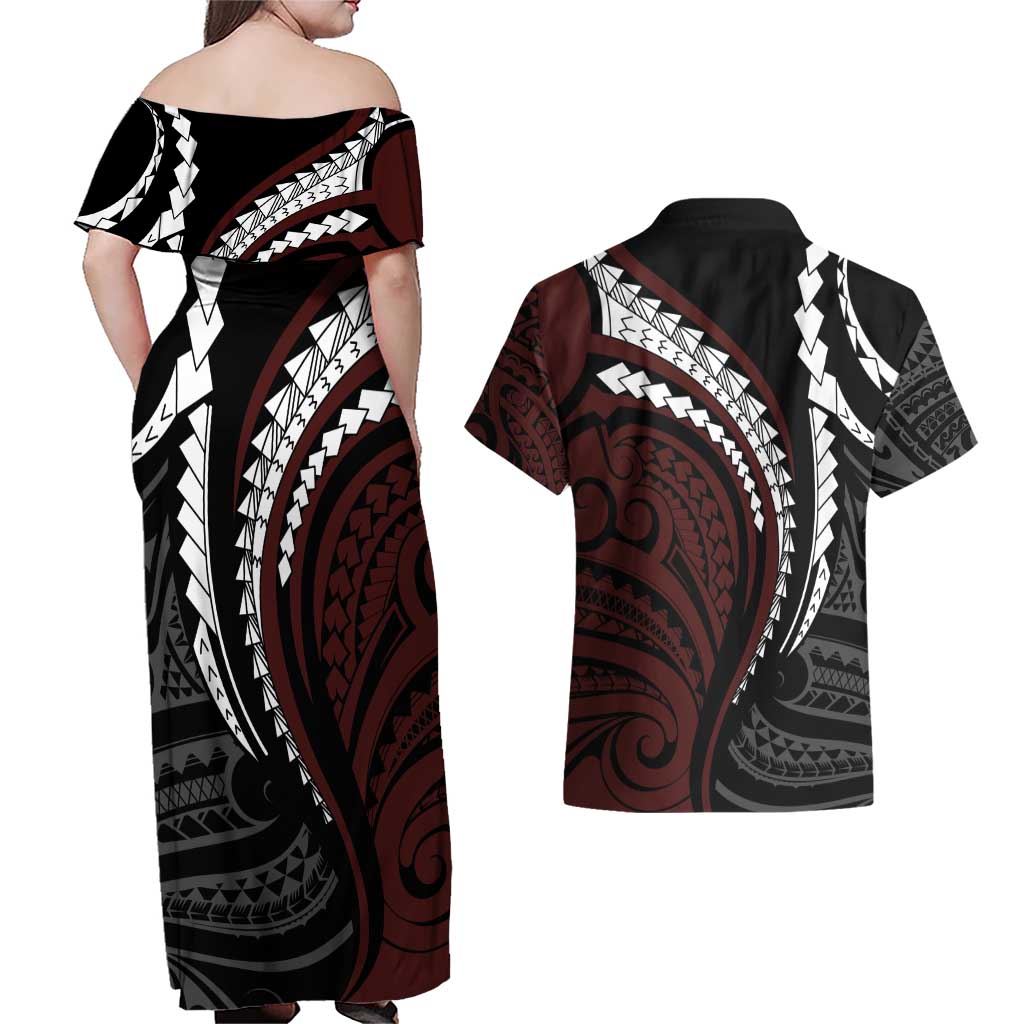 Polynesian Oxblood Line Art Tribal Tattoo Couples Matching Off Shoulder Maxi Dress and Hawaiian Shirt