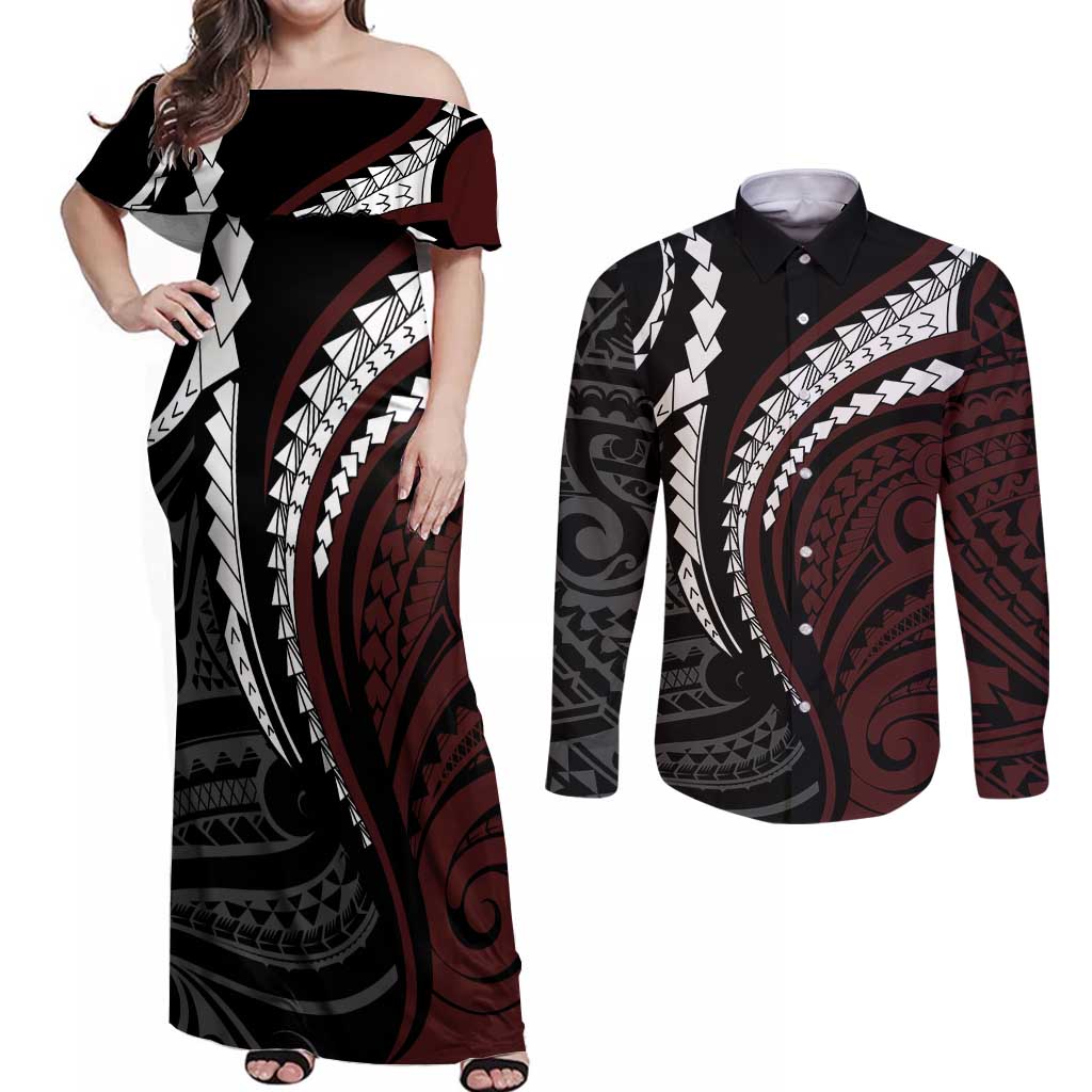 Polynesian Oxblood Line Art Tribal Tattoo Couples Matching Off Shoulder Maxi Dress and Long Sleeve Button Shirt