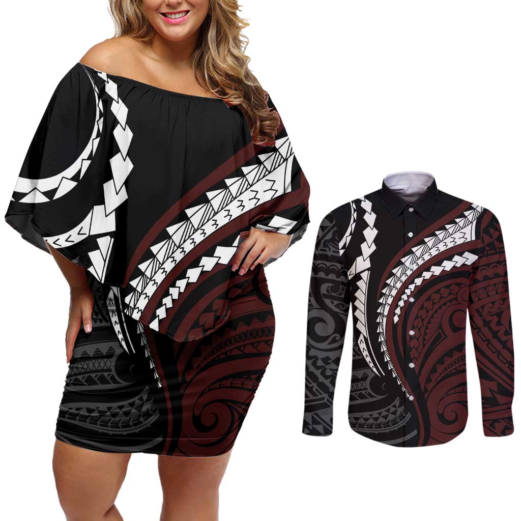 Polynesian Oxblood Line Art Tribal Tattoo Couples Matching Off Shoulder Short Dress and Long Sleeve Button Shirt
