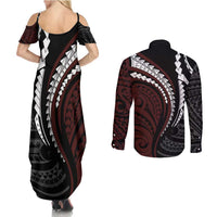 Polynesian Oxblood Line Art Tribal Tattoo Couples Matching Summer Maxi Dress and Long Sleeve Button Shirt
