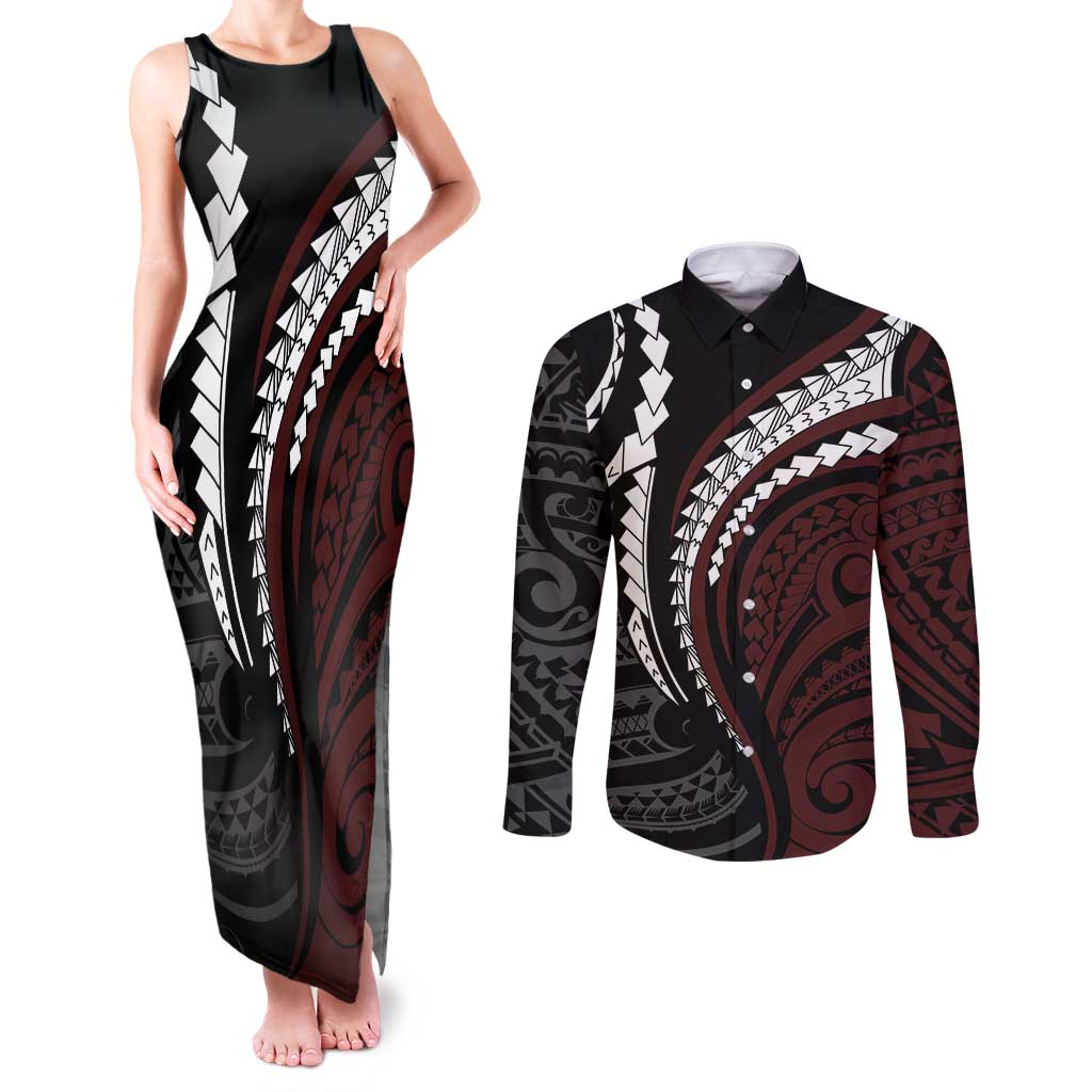 Polynesian Oxblood Line Art Tribal Tattoo Couples Matching Tank Maxi Dress and Long Sleeve Button Shirt