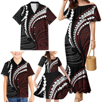 Polynesian Oxblood Line Art Tribal Tattoo Family Matching Mermaid Dress and Hawaiian Shirt