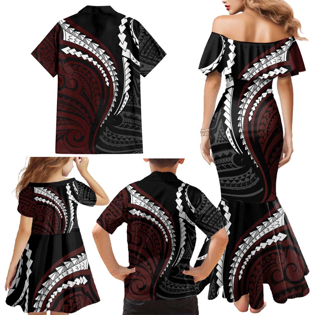 Polynesian Oxblood Line Art Tribal Tattoo Family Matching Mermaid Dress and Hawaiian Shirt