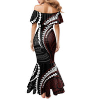 Polynesian Oxblood Line Art Tribal Tattoo Family Matching Mermaid Dress and Hawaiian Shirt