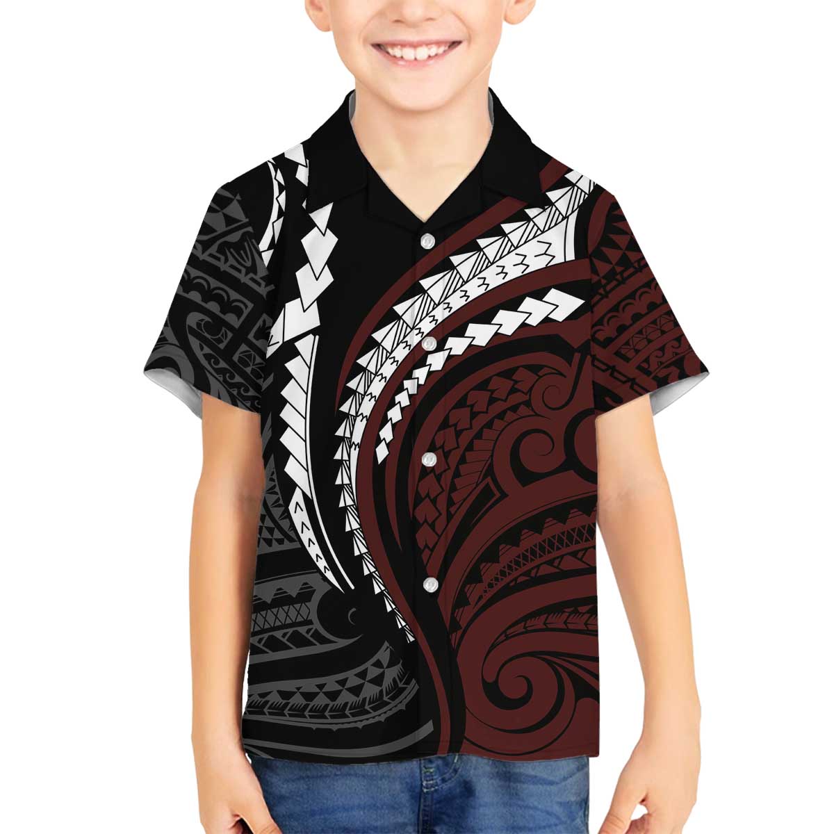 Polynesian Oxblood Line Art Tribal Tattoo Family Matching Off Shoulder Short Dress and Hawaiian Shirt