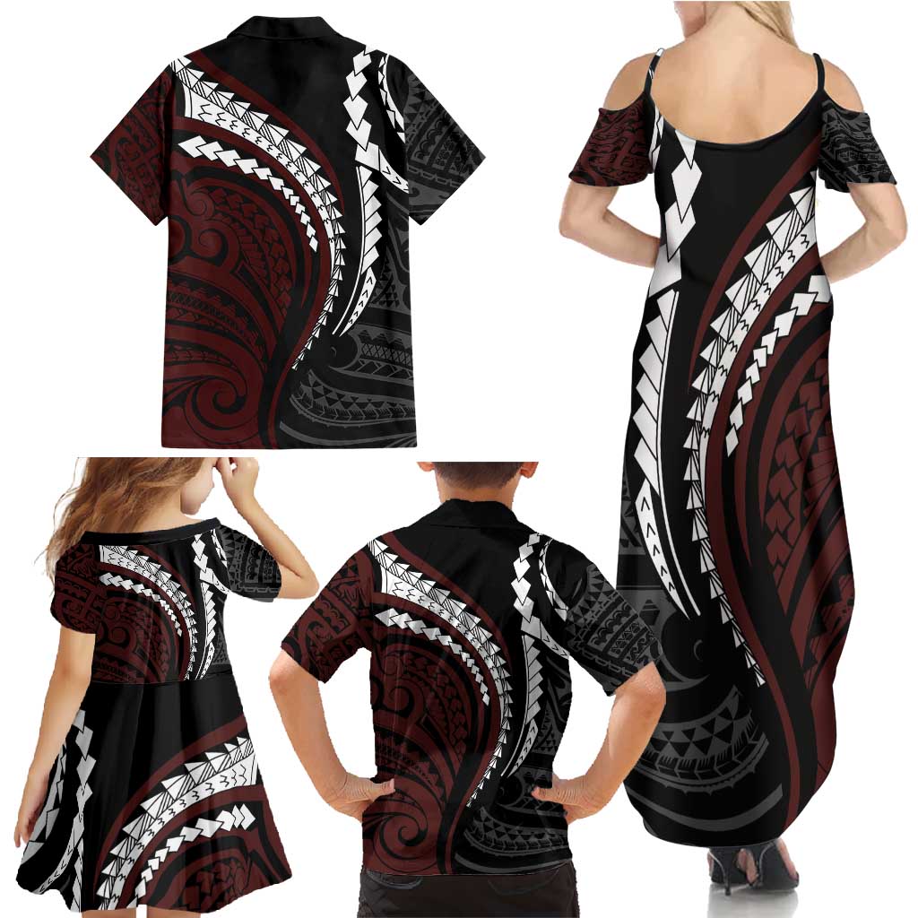 Polynesian Oxblood Line Art Tribal Tattoo Family Matching Summer Maxi Dress and Hawaiian Shirt