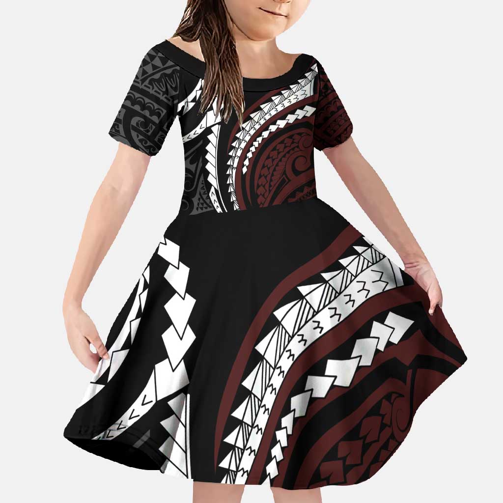 Polynesian Oxblood Line Art Tribal Tattoo Family Matching Tank Maxi Dress and Hawaiian Shirt