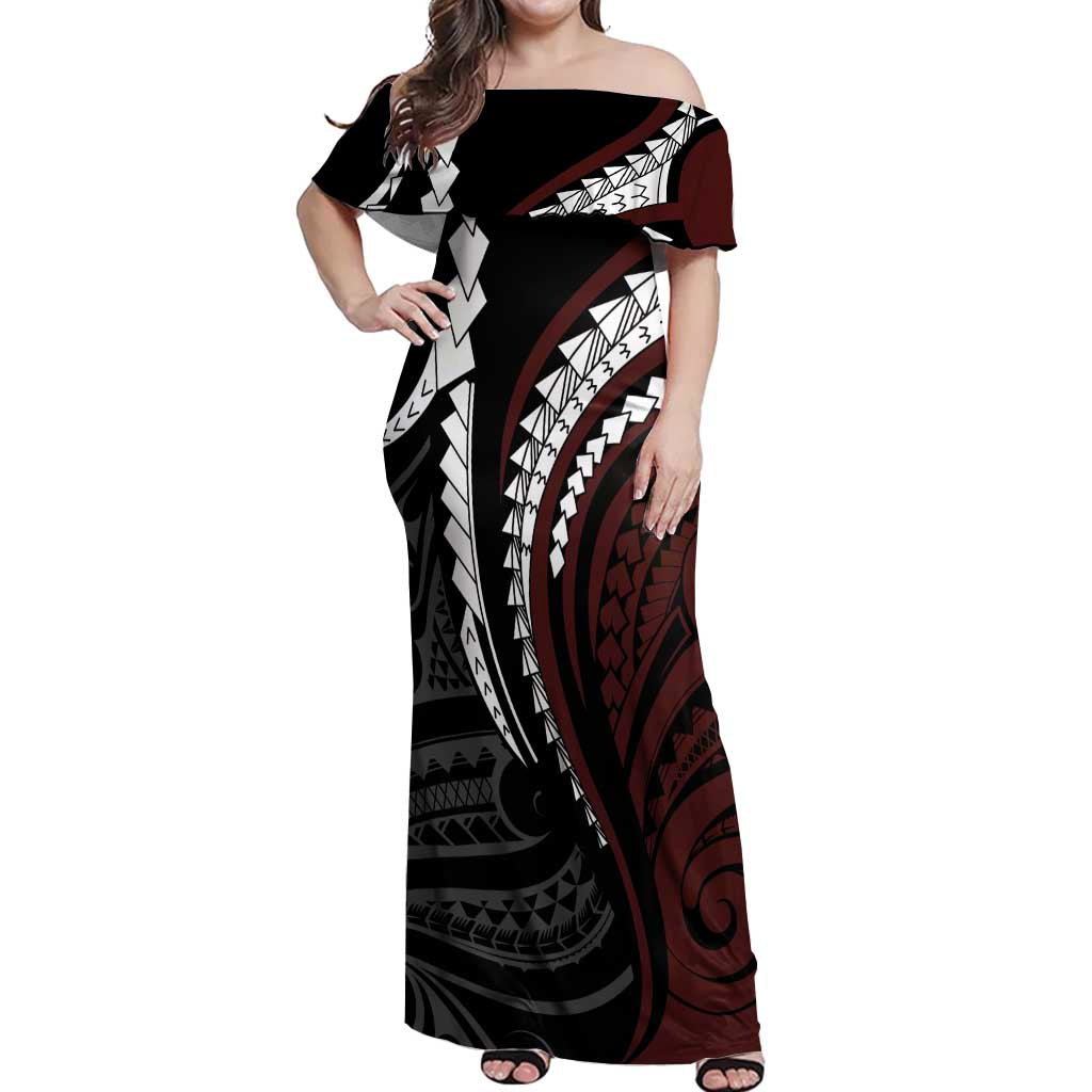 Polynesian Oxblood Line Art Tribal Tattoo Off Shoulder Maxi Dress LT9 Women Beige - Polynesian Pride