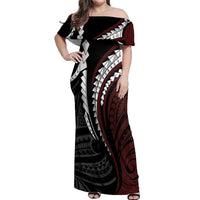 Polynesian Oxblood Line Art Tribal Tattoo Off Shoulder Maxi Dress LT9 Women Beige - Polynesian Pride