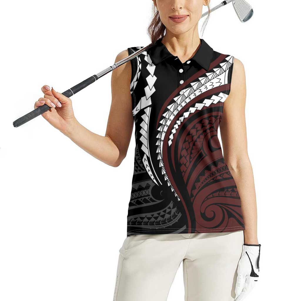 Polynesian Oxblood Line Art Tribal Tattoo Women Sleeveless Polo Shirt