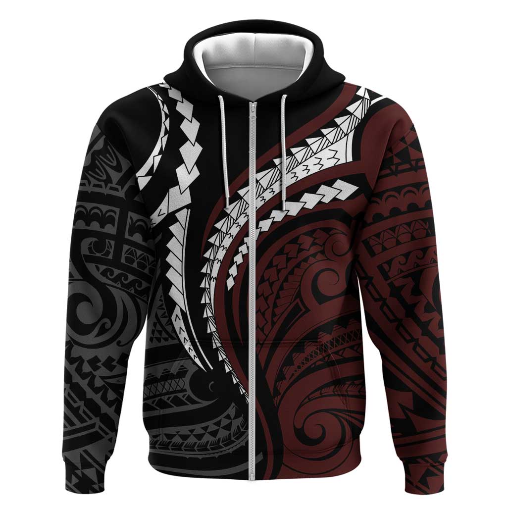 Polynesian Oxblood Line Art Tribal Tattoo Zip Hoodie