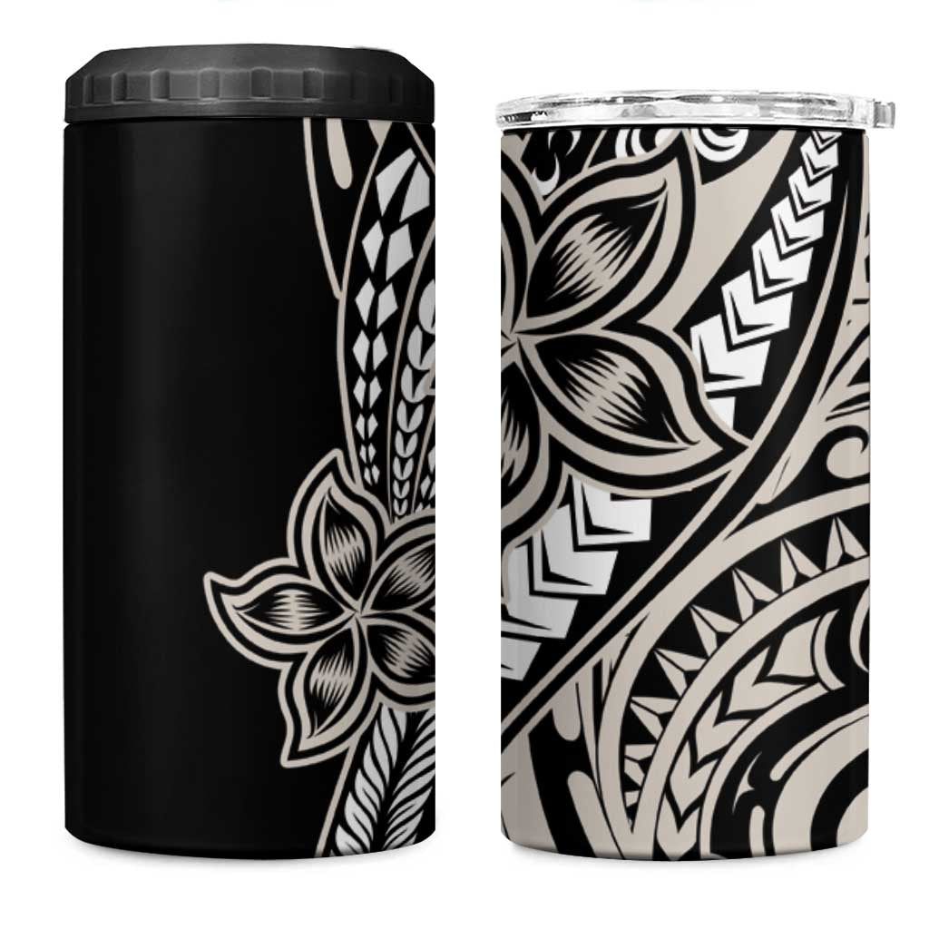 Polynesian Plumeria Floral Tattoo Pattern 4 in 1 Can Cooler Tumbler Beige Style