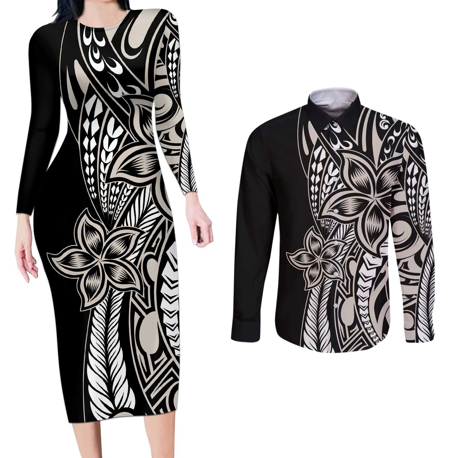 Polynesian Plumeria Floral Tattoo Pattern Couples Matching Long Sleeve Bodycon Dress and Long Sleeve Button Shirt Beige Style