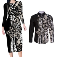 Polynesian Plumeria Floral Tattoo Pattern Couples Matching Long Sleeve Bodycon Dress and Long Sleeve Button Shirt Beige Style