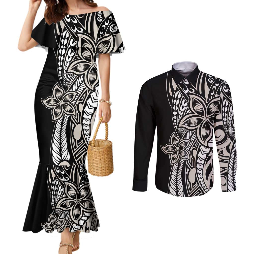Polynesian Plumeria Floral Tattoo Pattern Couples Matching Mermaid Dress and Long Sleeve Button Shirt Beige Style