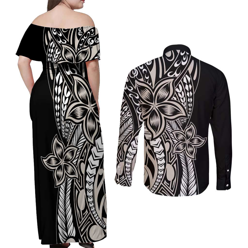 Polynesian Plumeria Floral Tattoo Pattern Couples Matching Off Shoulder Maxi Dress and Long Sleeve Button Shirt Beige Style