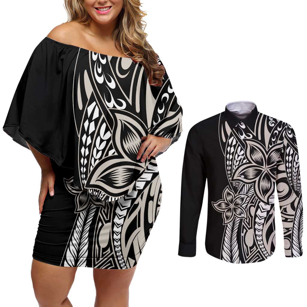 Polynesian Plumeria Floral Tattoo Pattern Couples Matching Off Shoulder Short Dress and Long Sleeve Button Shirt Beige Style