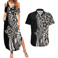 Polynesian Plumeria Floral Tattoo Pattern Couples Matching Summer Maxi Dress and Hawaiian Shirt Beige Style