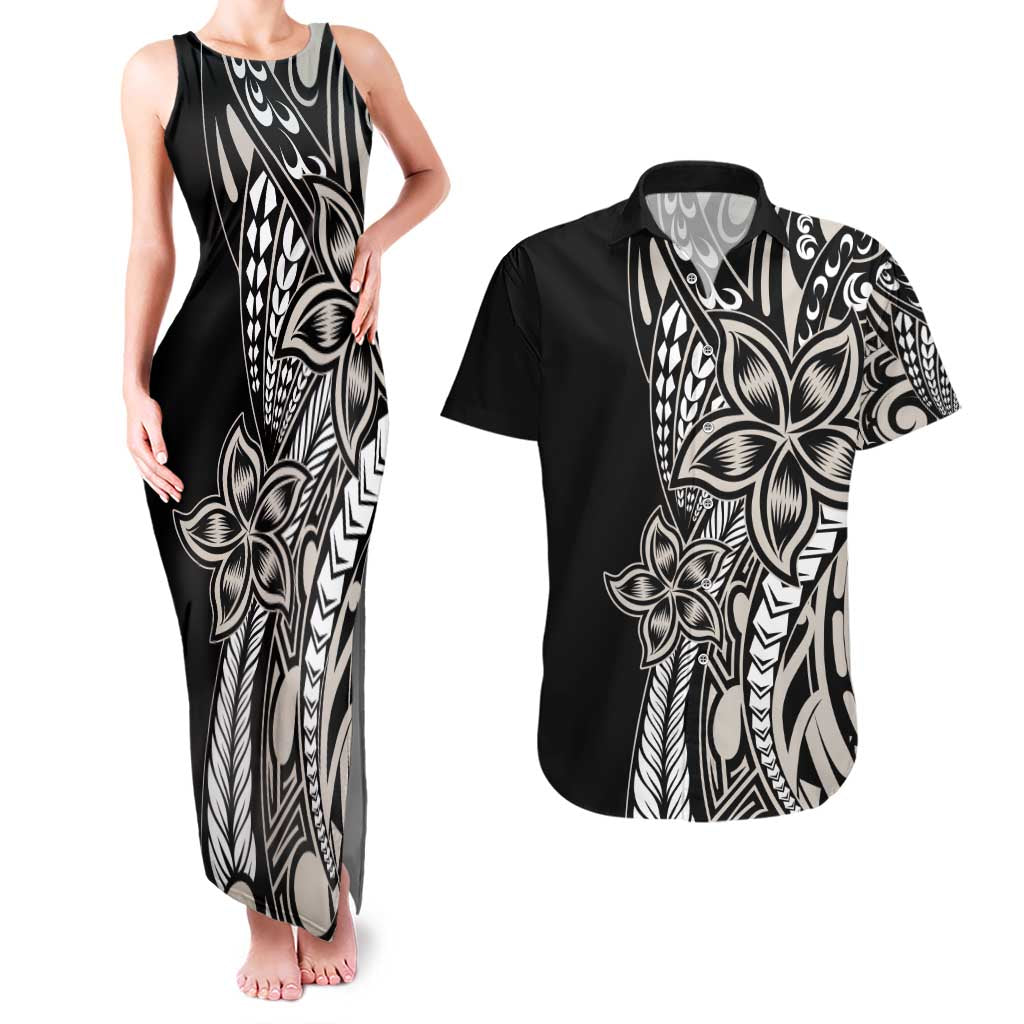 Polynesian Plumeria Floral Tattoo Pattern Couples Matching Tank Maxi Dress and Hawaiian Shirt Beige Style