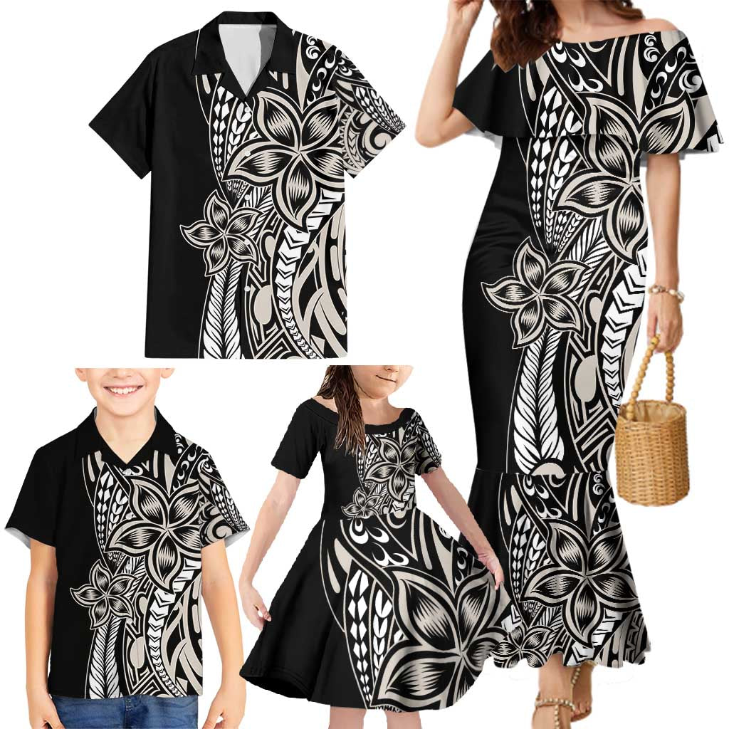 Polynesian Plumeria Floral Tattoo Pattern Family Matching Mermaid Dress and Hawaiian Shirt Beige Style