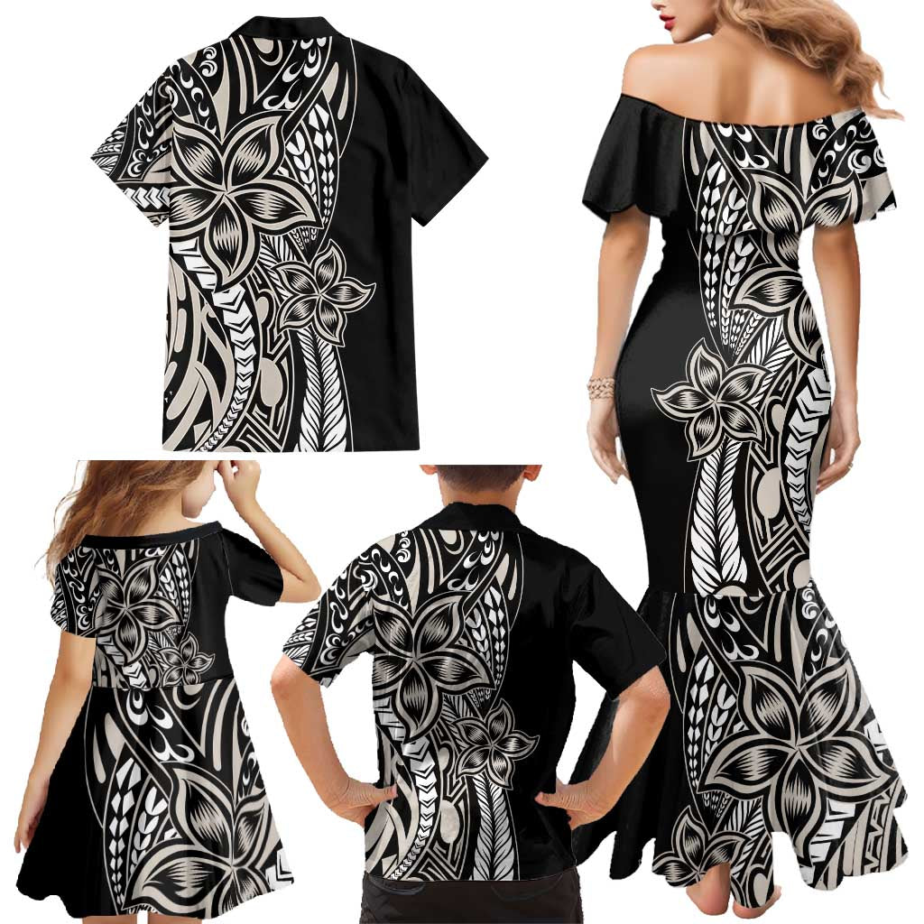 Polynesian Plumeria Floral Tattoo Pattern Family Matching Mermaid Dress and Hawaiian Shirt Beige Style