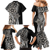 Polynesian Plumeria Floral Tattoo Pattern Family Matching Mermaid Dress and Hawaiian Shirt Beige Style