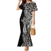 Polynesian Plumeria Floral Tattoo Pattern Family Matching Mermaid Dress and Hawaiian Shirt Beige Style