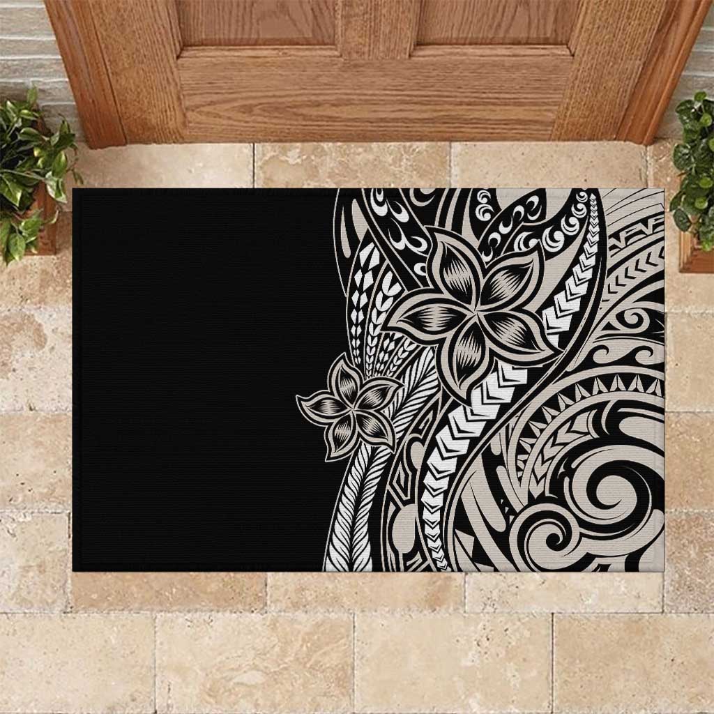 Polynesian Plumeria Floral Tattoo Pattern Rubber Doormat Beige Style