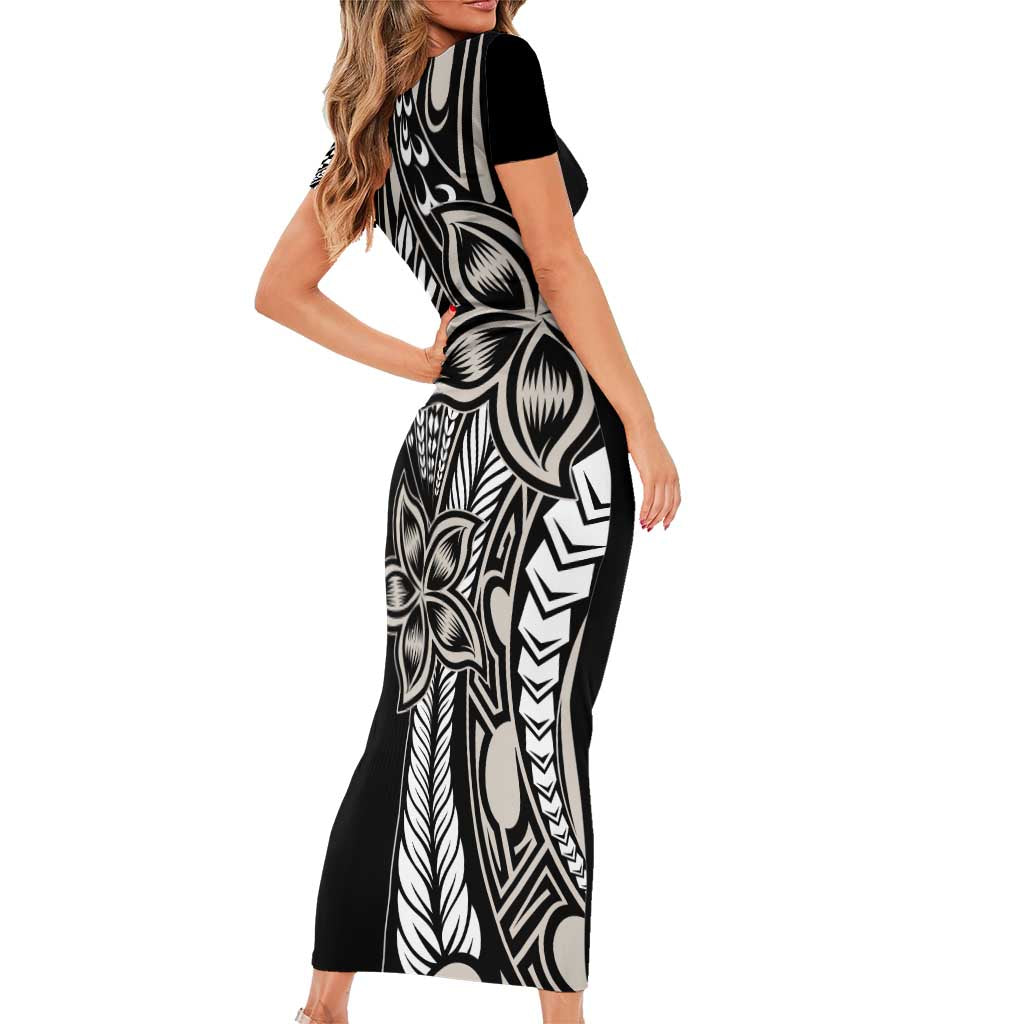 Polynesian Plumeria Floral Tattoo Pattern Short Sleeve Bodycon Dress Beige Style