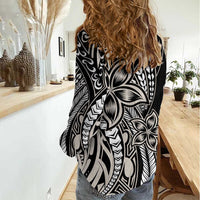 Polynesian Plumeria Floral Tattoo Pattern Women Casual Shirt Beige Style