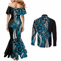 Polynesian Plumeria Floral Tattoo Pattern Couples Matching Mermaid Dress and Long Sleeve Button Shirt Bllue Style