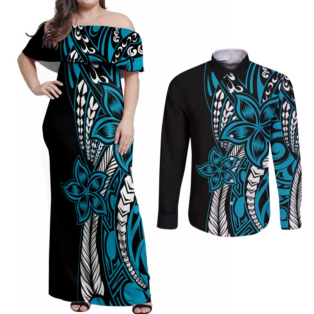 Polynesian Plumeria Floral Tattoo Pattern Couples Matching Off Shoulder Maxi Dress and Long Sleeve Button Shirt Bllue Style