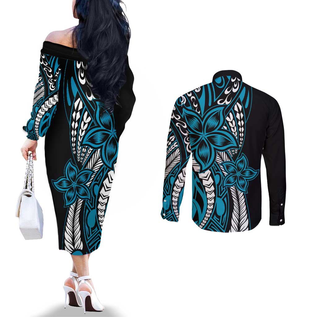 Polynesian Plumeria Floral Tattoo Pattern Couples Matching Off The Shoulder Long Sleeve Dress and Long Sleeve Button Shirt Bllue Style