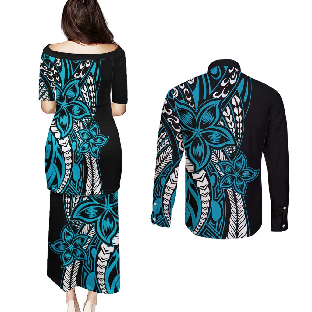 Polynesian Plumeria Floral Tattoo Pattern Couples Matching Puletasi and Long Sleeve Button Shirt Bllue Style