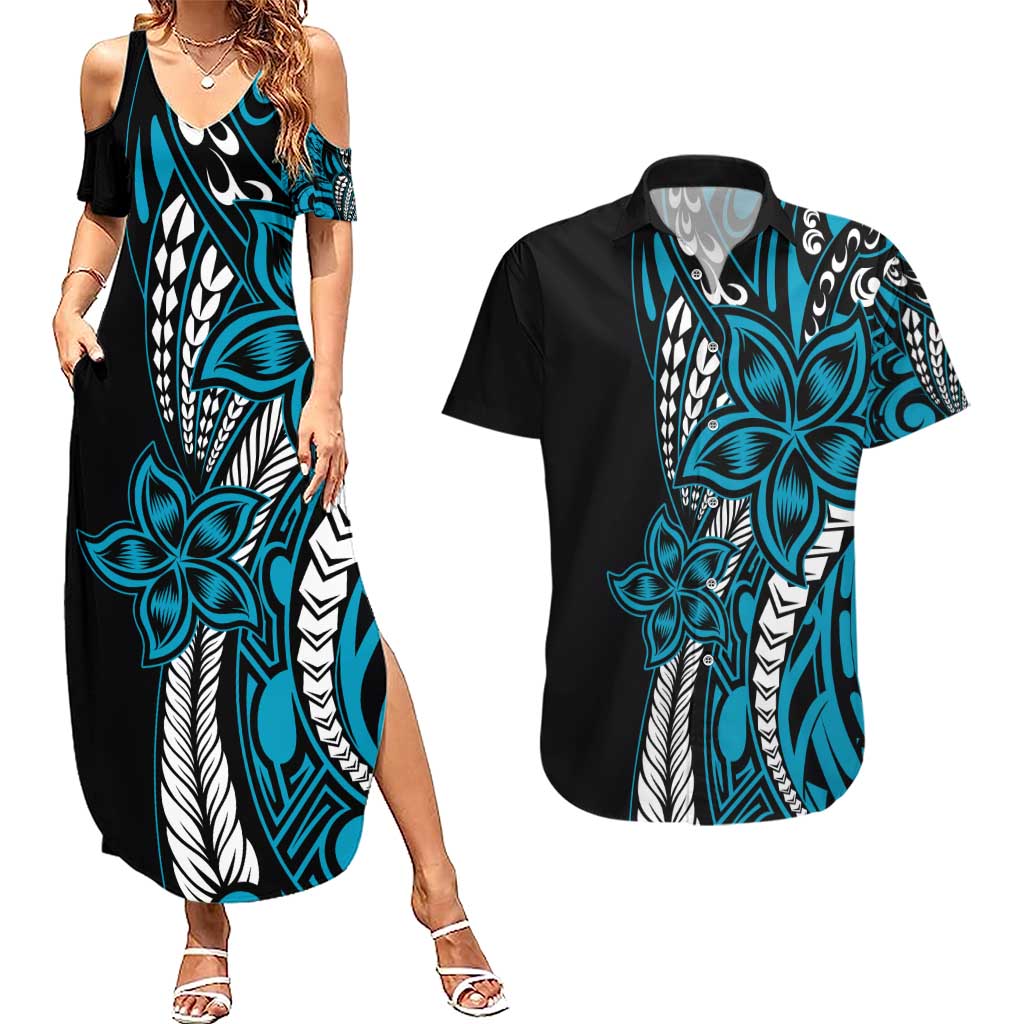 Polynesian Plumeria Floral Tattoo Pattern Couples Matching Summer Maxi Dress and Hawaiian Shirt Bllue Style