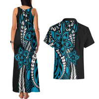 Polynesian Plumeria Floral Tattoo Pattern Couples Matching Tank Maxi Dress and Hawaiian Shirt Bllue Style