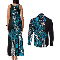 Polynesian Plumeria Floral Tattoo Pattern Couples Matching Tank Maxi Dress and Long Sleeve Button Shirt Bllue Style